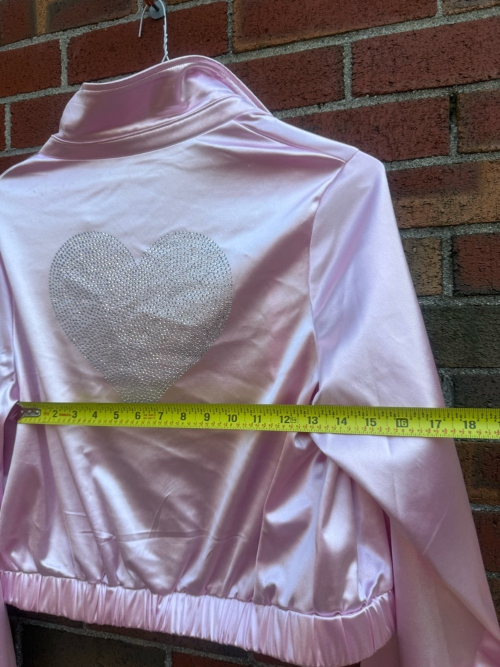 Y2K Pink Satin Open Front Jacket Rhinestone Heart Cropped Glam Barbiecore - Picture 6 of 7